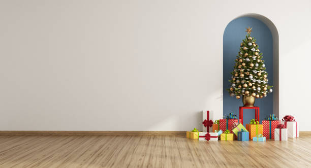istock White living room with Christmas tree and gift in a niche 1665268346