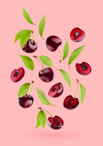 istock Bright red cherry with green leaves as flow fly or fall as art composition. Whole, pieces fruits on pastel pink background with shadow. Summer fruits for advertising, design, label product, poster. 1665277784