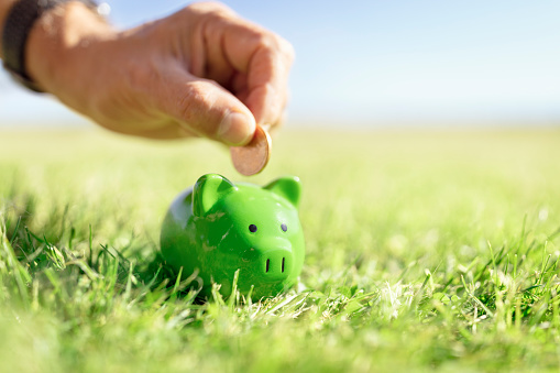 Hand inserting coin and saving money in green piggy bank with grass and blue sky background, savings, accounting, banking and business account or sustainable and environmentally friendly finance