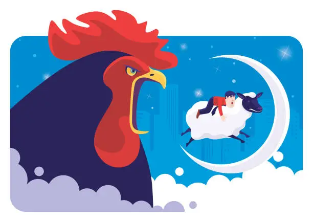 Vector illustration of rooster crowing when tired lying on sheep which jumping over moon