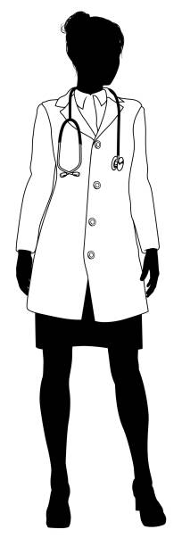 illustrazioni stock, clip art, cartoni animati e icone di tendenza di medico donna medico silhouette persona di assistenza sanitaria - art coat full length