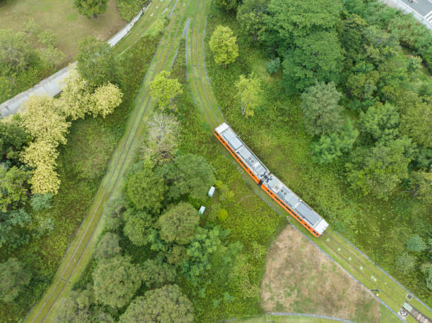 Aerial view of trams on tracks