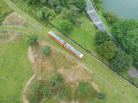 Aerial view of trams on tracks