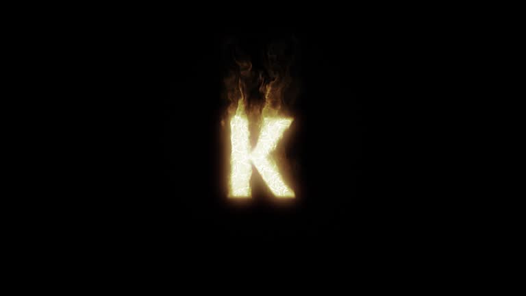 Fire Letter K. Burning Letter. Fire Text. Alpha Channel. Transparent Background