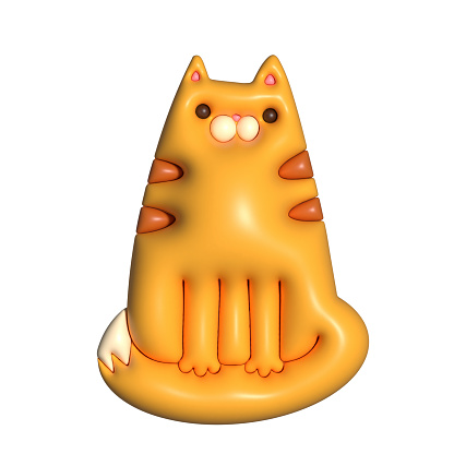 3d cartoon render ginger tabby cat. Front view Sitting kitty. Cutr clay style character with funny weird cartoon face. Raster isolated illustration