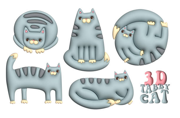 Set of volumetric happy gray tabby cats in differen poses. 3d render kittens collection. Rastre clay style illustration