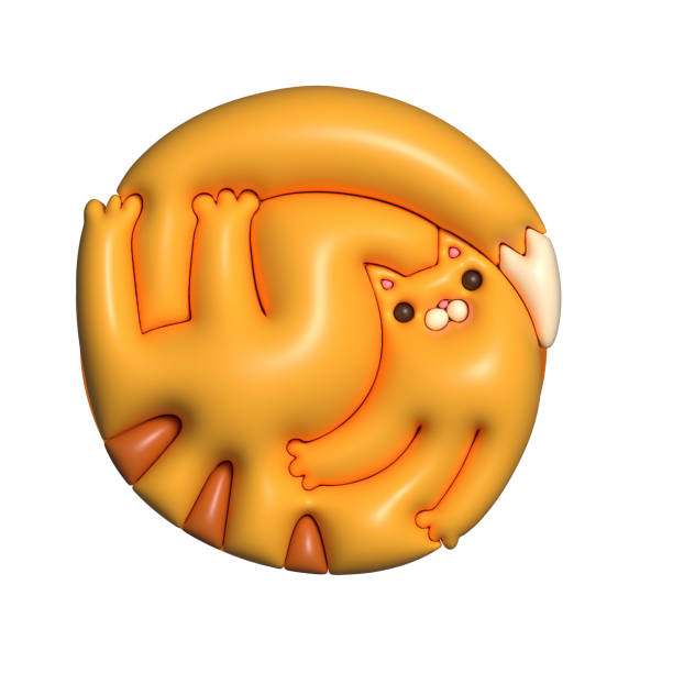 3d cartoon render ginger tabby cat. Curl up kitty. Round shaped character with funny weird cartoon face. Raster isolated illustration