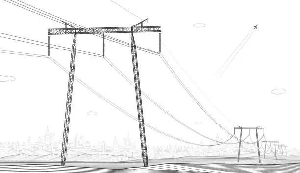 Vector illustration of High voltage transmission systems. Electric pole. Power lines. A network of interconnected electrical. Energy pylons. City electricity infrastructure. Gray otlines on white background. Vector design