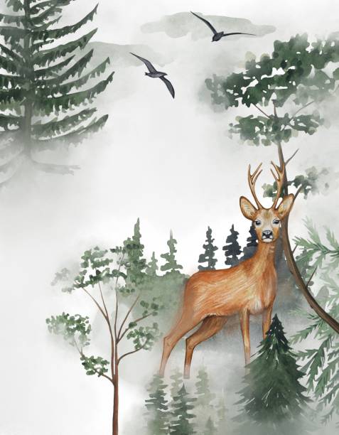 istock Watercolor card  with forest animals. Deer, green trees, pine. Forest  landscape 1665353708