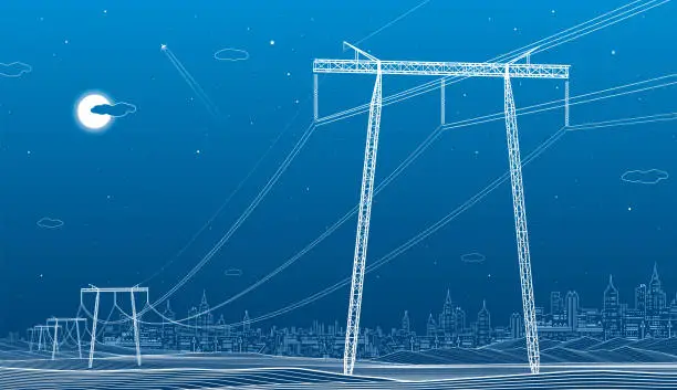 Vector illustration of High voltage transmission systems. Electric pole. Power lines. A network of interconnected electrical. Energy pylons. City electricity infrastructure. White otlines on blue background. Vector design