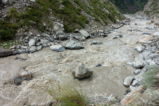 Monsoon brings powerful currents to River Satluj in Himachal Pradesh, India.