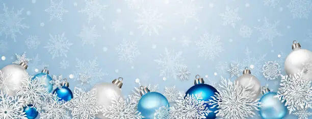 Vector illustration of Christmas illustration with paper snowflakes and balls