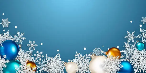 Vector illustration of Christmas illustration with paper snowflakes and balls