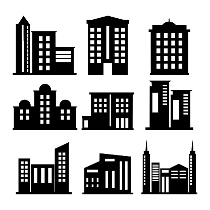 set of building silhouette isolated on white background.