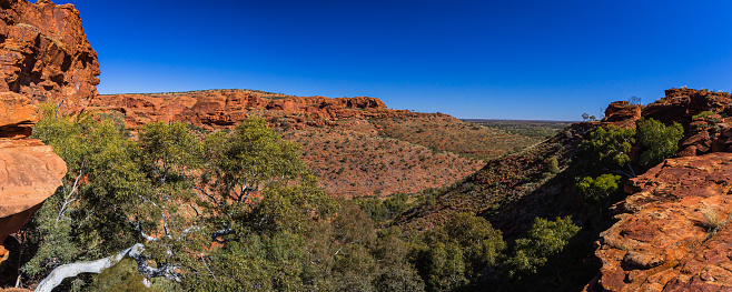 Kings Canyon in Australia features towering sandstone walls, hiking trails, and stunning views. Visitors hike, enjoy sunrise/sunset, and explore its unique landscapes.