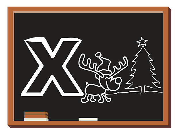 Animal alphabet X Illustration of alphabet letter X with a cute little reindeer wearing a santa hat isolated on blackboard. X is for X-mas spelling bee stock illustrations