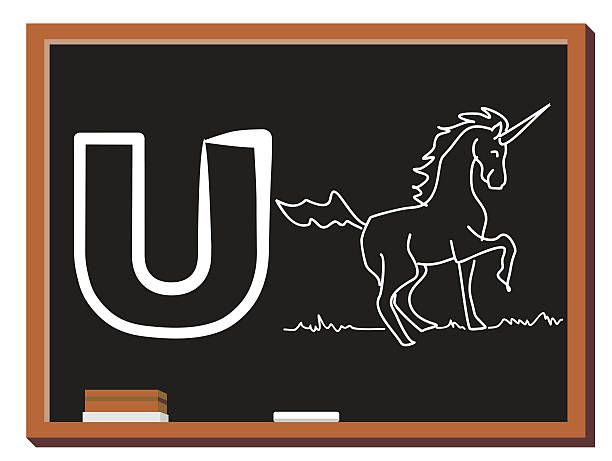 Animal alphabet U Illustration of alphabet letter U with a cute little Unicorn isolated on blackboard. U is for Unicorn spelling bee stock illustrations