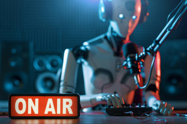 AI robot working at the radio station studio stock photo