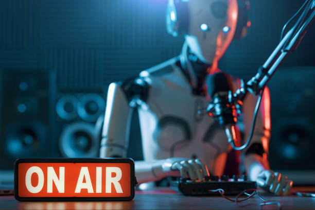 ai robot working at the radio station studio - announcement message robot public speaker message imagens e fotografias de stock