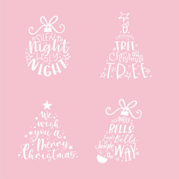 schönes handgeschriebenes weihnachtsdesign mit verschiedenen sprüchen und redewendungen aus beliebten weihnachtsliedern wie "stille nacht, heilige nacht", "oh weihnachtsbaum" oder "jingle bells" - silent night illustrations stock-grafiken, -clipart, -cartoons und -symbole