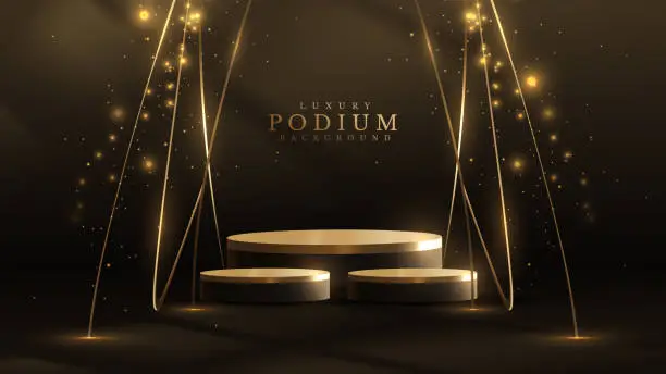 Vector illustration of Gold podium empty on dark scene with ribbon element for products presentation and spotlight effect and beam decoration and bokeh. Luxury award ceremony background.