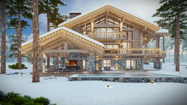 4K video of modern cozy chalet in New Year holidays