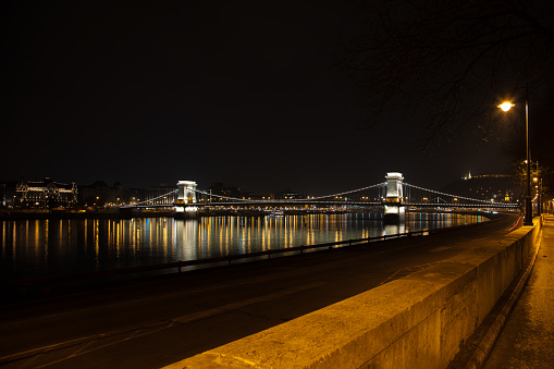 Budapest cityscape with chains bridge at night