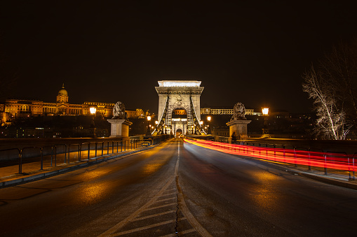 Budapest cityscape with chains bridge at night