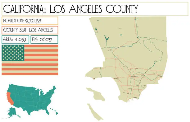 Vector illustration of Large and detailed map of Los Angeles County in California, USA.