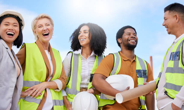Team, architecture and people are laughing, construction and maintenance job with diversity outdoor. Engineering, property development and urban infrastructure collaboration, funny and industrial
