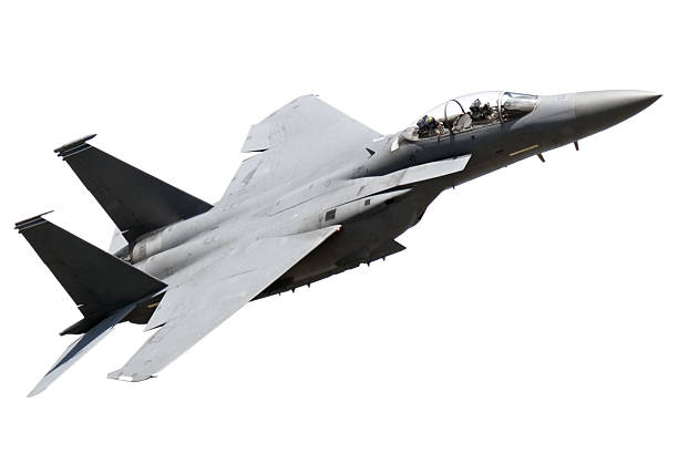フライング戦闘機に白背景 - flying jet fighter plane air vehicle ストックフォトと画像