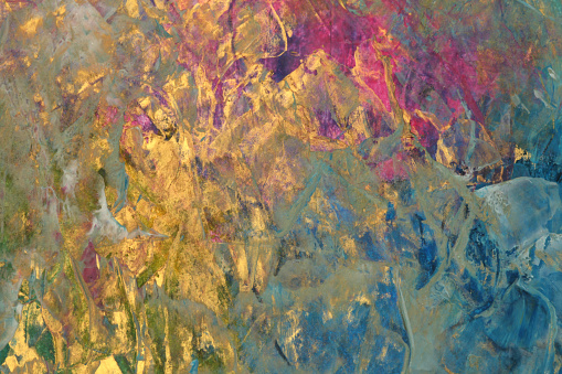 Art Abstract acrylic color and gold glitter smear blot painting. Horizontal texture canvas background.
