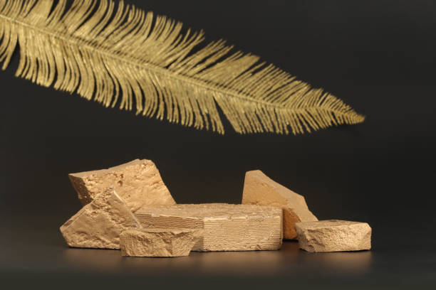 istock Empty texture gold stone platform eco podium and leaf on black copy space background. Minimal still life display product presentation scene. 1665528172