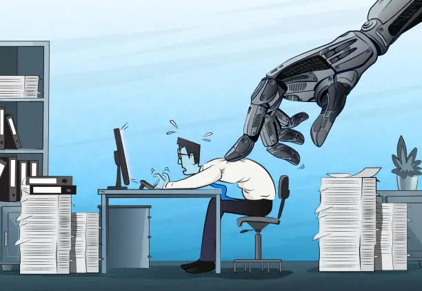 Vector illustration of Artificial intelligence and Smart Robots increase pressure on employees