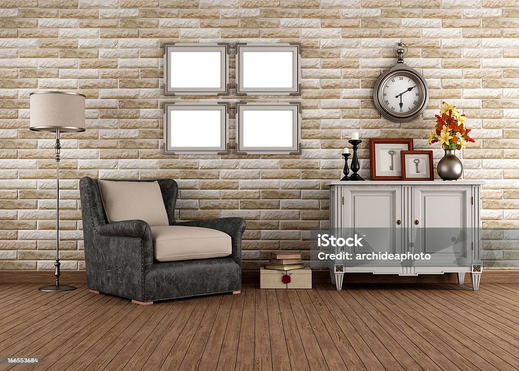 Vintage living room Vintage living room with armchair and dresser - rendering Antique Stock Photo