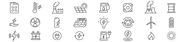 ilustraciones, imágenes clip art, dibujos animados e iconos de stock de energía tipos de energía colección de iconos trazo editable hidroeléctrica solar electricidad agua fuego fuente de alimentación, mina de carbón ilustración vectorial. - solar power station sun water collection