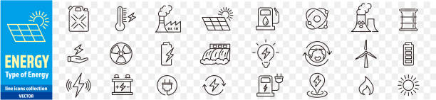 ilustraciones, imágenes clip art, dibujos animados e iconos de stock de energía tipos de energía colección de iconos trazo editable hidroeléctrica solar electricidad agua fuego fuente de alimentación, mina de carbón ilustración vectorial. - solar power station sun water collection