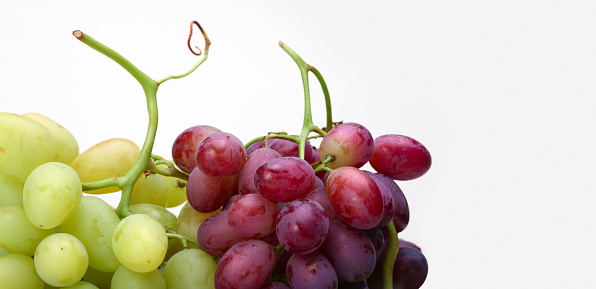 Fresh green and purple bunch of grapes. Horizontal long copy space background.