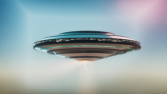 Abstract UFO (Unidentified flying object) - 3d rendered image of UFO with magnetic field around it. Science Fiction image concept. Photorealistic style.  Aliens flying machine levitation.