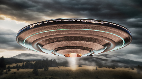 Abstract UFO (Unidentified flying object) - 3d rendered image of UFO under field forest. Science Fiction image concept. Photorealistic retro style.  Aliens flying machine levitation.