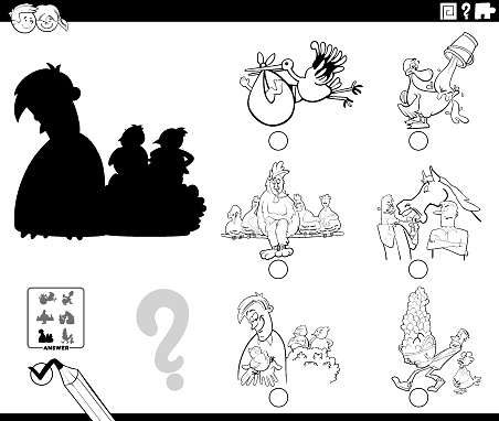 Black and white cartoon illustration of finding the right picture to the shadow educational game with comic concepts coloring page