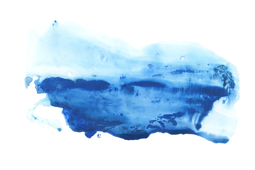 Abstract watercolor and acrylic flow blot smear brushstroke painting. Blue landscape on white. Color canvas monotype texture horizontal background.