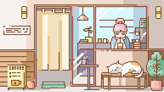 Cozy Pixel Art LoFi Banner. 8bit Cafe Scene with Girl with Coffee and Cat in a Comfy Coffeeshop Interior. Perfect for Social Media Decor, Banner, Poster or Gaming Design.