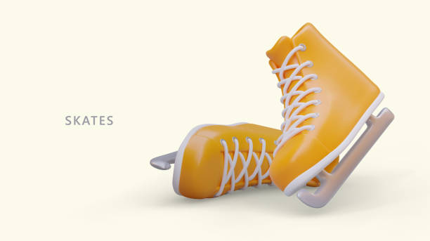 3D yellow skates with laces. Unisex shoes for ice hockey. Winter entertainment 3D yellow skates with laces. Unisex shoes for ice hockey. Winter entertainment. Accessories for figure skating. Color vector poster. Concept of ice skating winter sport computer icon sport winter stock illustrations