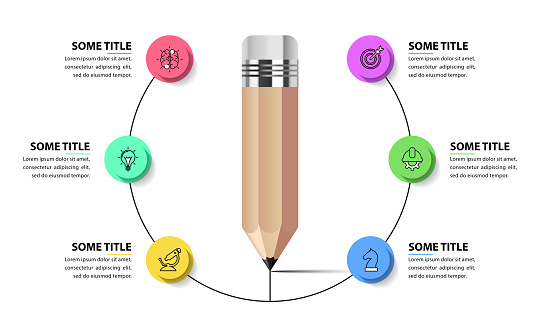 Infographic template with icons and 6 options or steps. Pencil. Can be used for workflow layout, diagram, banner, webdesign. Vector illustration