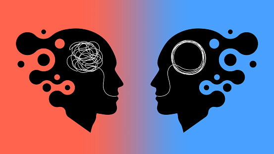 Two abstract heads with opposite thinking. Concept of chaos and order. Vector illustration
