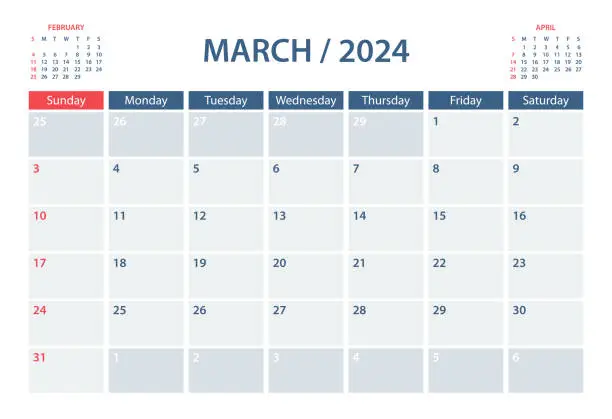 Vector illustration of 2024 March Calendar Planner Vector Template. Week starts on Sunday