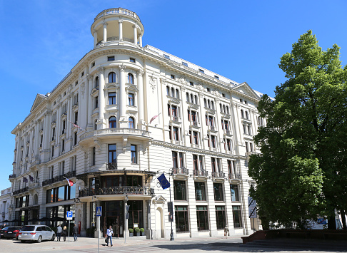 Warsaw, Poland-May 16,2015:People walking by The Luxury Historic Bristol Hotel