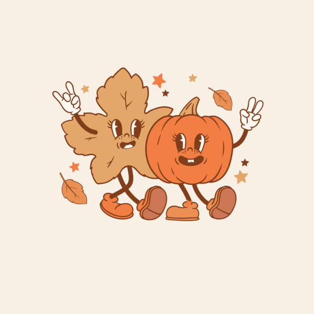 Vector illustration with cute vintage characters. Autumn pumpkin, leaves and stars. Perfect for logo or card design.