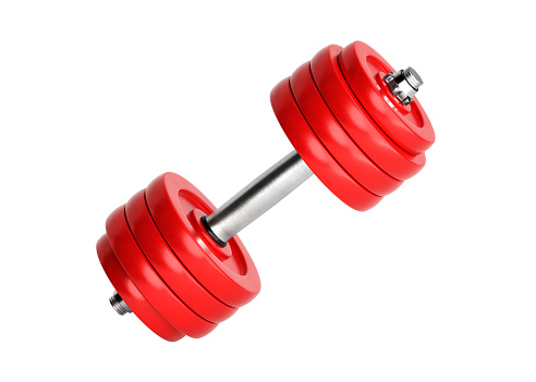 Red Dumbbell. Gym equipment. Gym or fitness club logo or icon design element. 3d rendering illustration isolated on white background.jpg